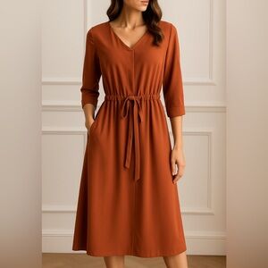 SIMPLICITÉ Rust Midi Dress with Tie Waist & Pockets | SIZE S